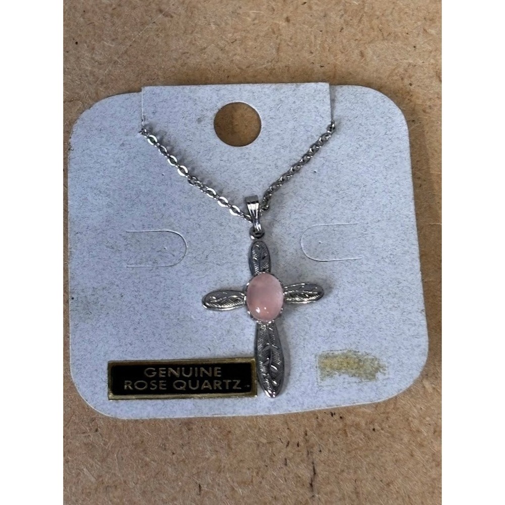 Genuine Rose Quartz Cross Necklace Silver Tone Pendant Religious Jewelry